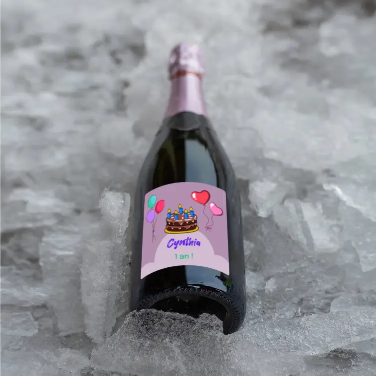 Custom birthday label for child with cake and balloons