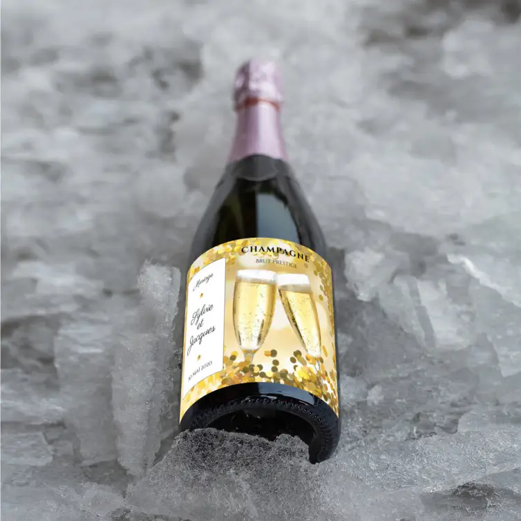 Étiquette de champagne personnalisée pour mariage avec design élégant or