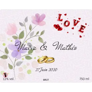 romantic personalized wedding label with flowers and rings