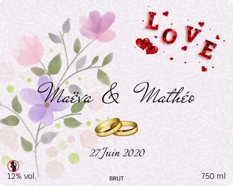 Étiquette de mariage personnalisée romantique avec fleurs et alliance