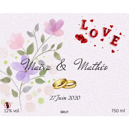 Étiquette de mariage personnalisée romantique avec fleurs et alliance