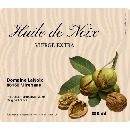 Étiquette personnalisée pour huile de noix vierge extra au design artisanal