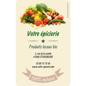 étiquette personnalisée pour épicerie locale avec design coloré et informations claires