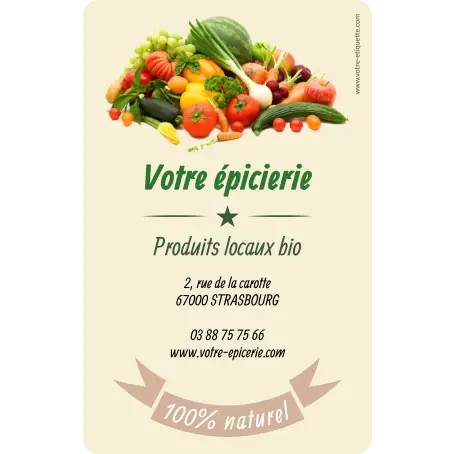 Étiquette personnalisée pour épicerie locale avec design coloré et informations claires